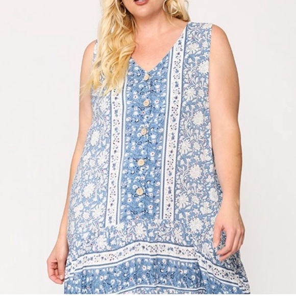 GiGiO Boho Sleeveless V Neck Button Down Long Blue Dress Ruffled Hem Size Medium - Picture 3 of 16